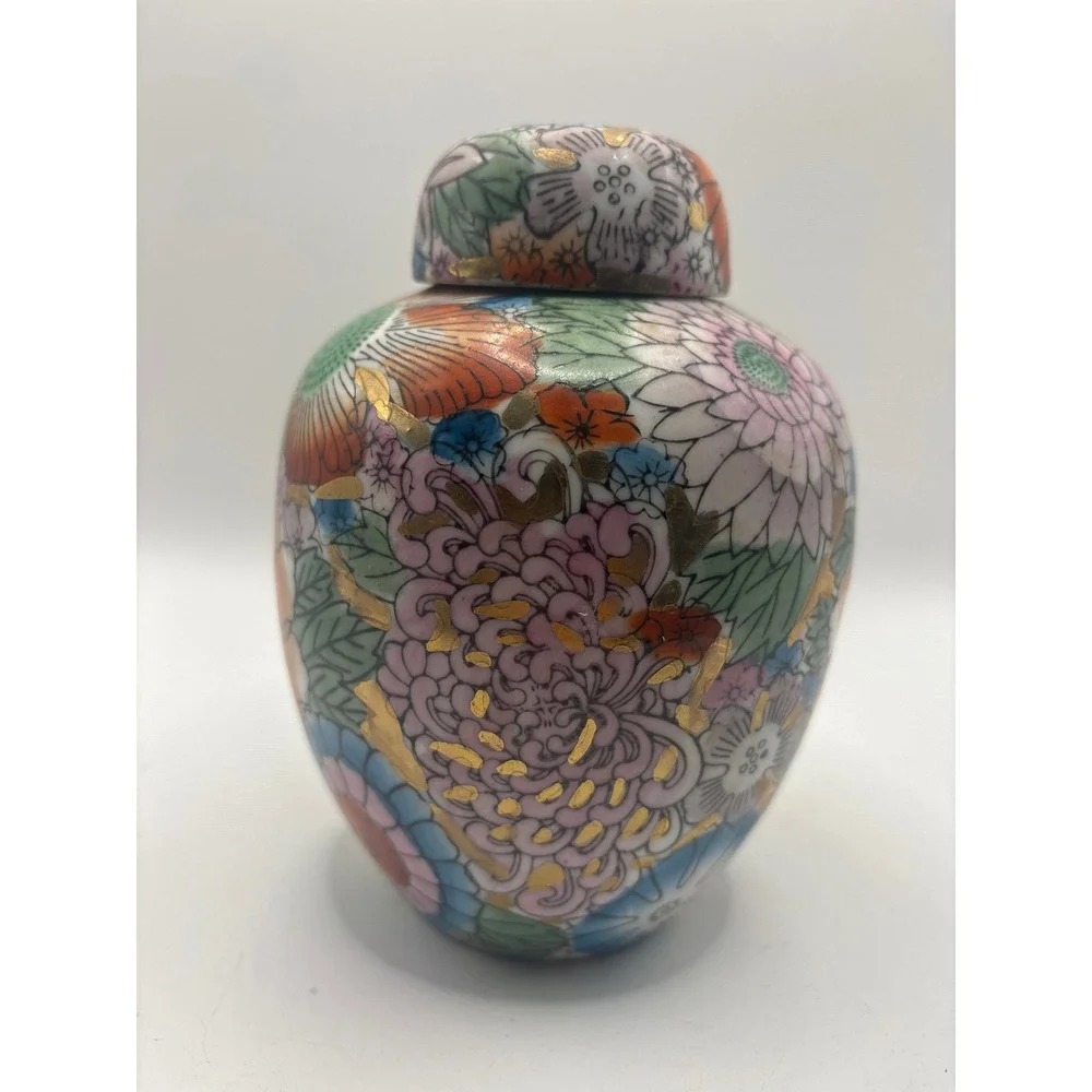 Vintage Millefleur Ginger Jar Porcelain Floral Gold Gilt Chinoiserie 6 Inch